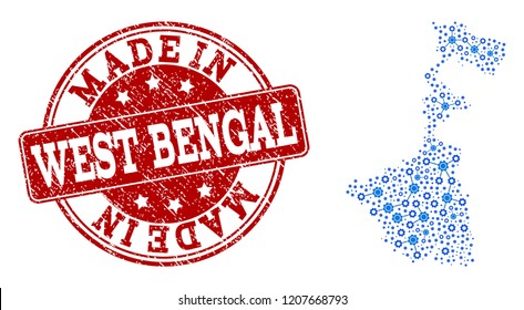 Map of West Bengal State vector mosaic and Made In grunge stamp. Map of West Bengal State formed with blue cog relations. Made in red seal with grunge rubber texture.