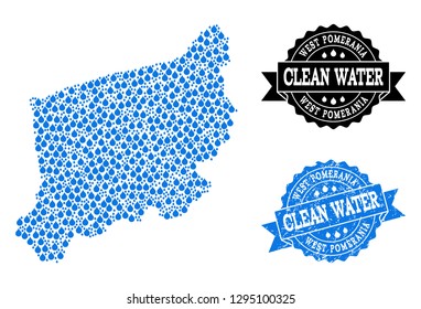 Map of West Pomerania Province vector mosaic and clean water grunge stamp. Map of West Pomerania Province created with blue water drops. Seal with unclean rubber texture for natural drinking water.
