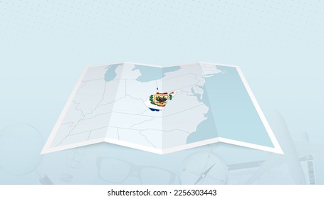 Map of West Virginia with the flag of West Virginia in the contour of the map on a trip abstract backdrop. Travel illustration.