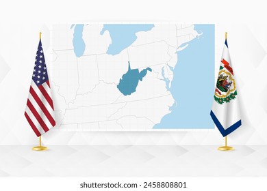 Mapa de Virginia Occidental y banderas de Virginia Occidental en el stand de la bandera. Ilustración vectorial para la reunión de diplomacia.