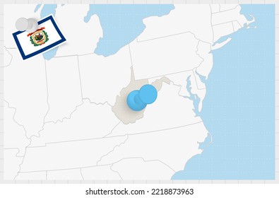 Map of West Virginia with a pinned blue pin. Pinned flag of West Virginia, vector illustration.