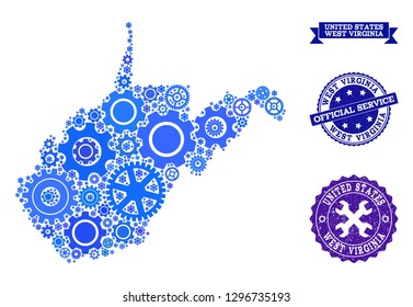 Map of West Virginia State created with blue cog symbols, and isolated grunge watermarks for official repair services.