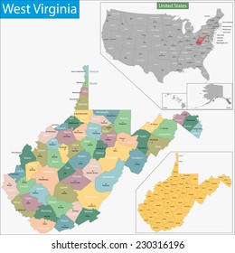 Map Of West Virginia State Designed In Illustration With The Counties And The County Seats