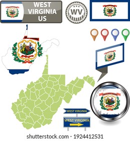 Map of West Virginia state, US with flag and counties. Vector image