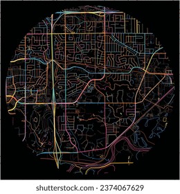 Map of WestDesMoines, Iowa with all major and minor roads, railways and waterways. Colorful line art on black background.