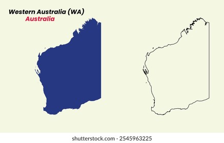 Map of Western Australia, Map of Western Australia with fill colour and outline, Map of Australia state Western Australia.