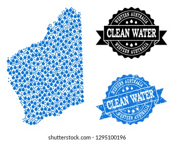 Map of Western Australia vector mosaic and clean water grunge stamp. Map of Western Australia composed with blue water tears. Seal with grunge rubber texture for natural drinking water.