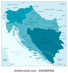 Map Of The Western Balkans Aqua Blue Colors. Vector Illustration.