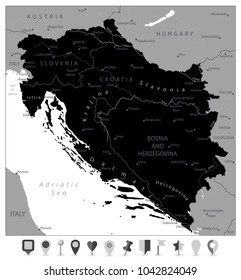 Map Of The Western Balkans Black Map And Flat Map Pointers. Vector Illustration.