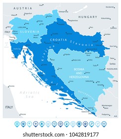 Map Of The Western Balkans In Colors Of Blue And Map Pointers. Vector Illustration.