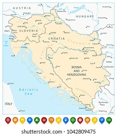 Map Of The Western Balkans And Flat Map Pointers. Vector Illustration.