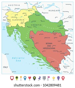 Map Of The Western Balkans And Flat Map Pointers. Vector Illustration.