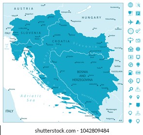 Map Of The Western Balkans And Navigation Icons. Vector Illustration.