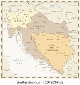 Map Of The Western Balkans Retro Colors. Vector Illustration.