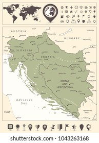 Map Of The Western Balkans And World Map With Navigation Icons. Vector Illustration.