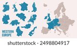 Map of Western Europe. Includes Germany, Netherlands, Belgium, Luxembourg, Austria, Switzerland, France, Monaco, Liechtenstein, with regional divisions. Isolated on a white background. Highly detailed