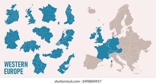 Westeuropa-Karte. Deutschland, Niederlande, Belgien, Luxemburg, Österreich, Schweiz, Frankreich, Monaco, Liechtenstein, Irland, Großbritannien Karten mit Regionen. Europakarte einzeln auf weißem Hintergrund.