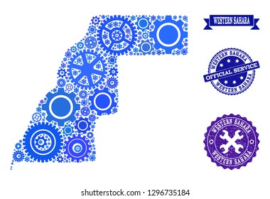 Map of Western Sahara composed with blue wheel symbols, and isolated scratched watermarks for official repair services.