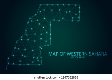 Map of Western Sahara - With glowing point and lines scales on The Dark Gradient Background, 3D mesh polygonal network connections. Vector illustration eps10.
