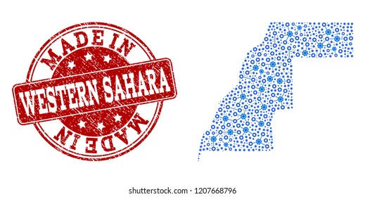 Map of Western Sahara vector mosaic and Made In grunge stamp. Map of Western Sahara formed with blue gear links. Made in red seal with grunge rubber texture.