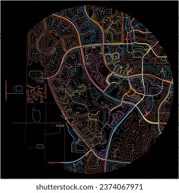 Map of Weston, Florida with all major and minor roads, railways and waterways. Colorful line art on black background.