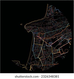 Map of Weston-super-Mare, South West England with all major and minor roads, railways and waterways. Colorful line art on black background.