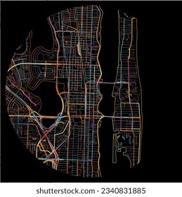 Map of WestPalmBeach, Florida with all major and minor roads, railways and waterways. Colorful line art on black background.