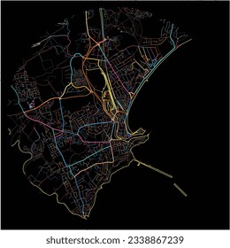 Map of Weymouth, South West England with all major and minor roads, railways and waterways. Colorful line art on black background.