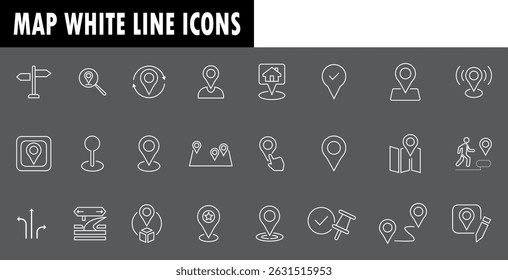 Ícones de linha branca do mapa. Navegação e sinal de lugar.