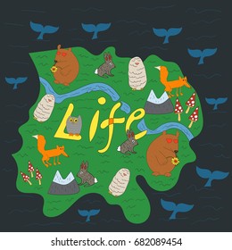 Map with wildlife animals. Bear,  owl. whale, fox, hare  in cartoon style. 