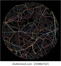 Map of Willenhall, West Midlands with all major and minor roads, railways and waterways. Colorful line art on black background.