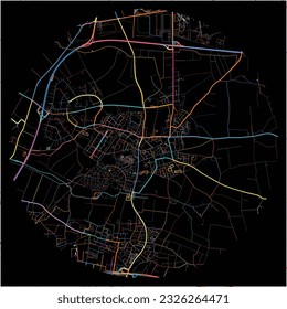 Map of Willich, North Rhine-Westphalia with all major and minor roads, railways and waterways. Colorful line art on black background.