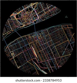 Mapa de Windsor, Ontario con todas las carreteras principales y menores, ferrocarriles y vías fluviales. Coloridas líneas de arte sobre fondo negro.