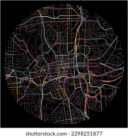 Map of Winston-Salem, North Carolina with all major and minor roads, railways and waterways. Colorful line art on black background.