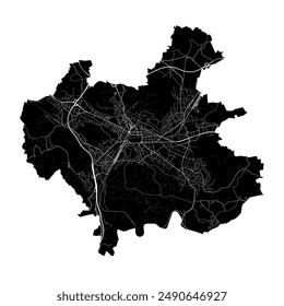 Map of Winterthur, Switzerland. Detailed city vector map, metropolitan area with border. Black and white streetmap with roads and water.