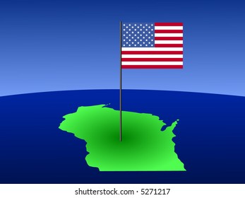 map of Wisconsin with American Flag on pole