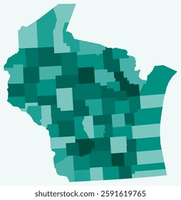 Map of Wisconsin with counties. Just a simple state border map with county division. Teal color palette. Plain State of Wisconsin shape with administrative division. Vector illustration.