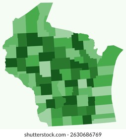 Mapa de Wisconsin com condados. Apenas um simples mapa da fronteira do estado com a divisão do condado. Paleta de cores verde. Estado plano de Wisconsin forma com divisão administrativa. Ilustração vetorial.