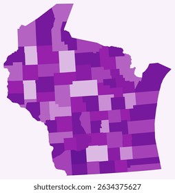 Map of Wisconsin with counties. Just a simple state border map with county division. Purple color palette. Blank State of Wisconsin shape with administrative division. Vector illustration.
