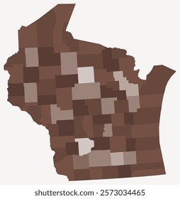 Map of Wisconsin with counties. A simple state border map with county divisions in a brown color palette. Flat vector illustration.