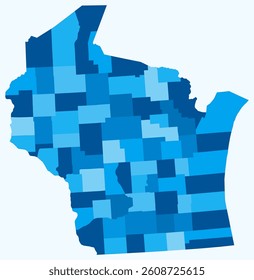 Map of Wisconsin with counties. A simple state border map with county divisions in a light blue color palette. Vector illustration.