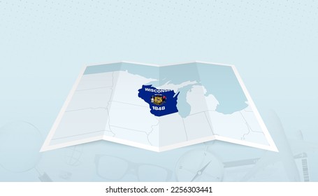 Mapa de Wisconsin con la bandera de Wisconsin en el contorno del mapa en un recorrido de fondo abstracto. Ilustración de viaje.