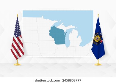 Map of Wisconsin and flags of Wisconsin on flag stand. Vector illustration for diplomacy meeting.