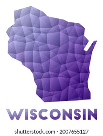 Mapa de Wisconsin. Escasa ilustración policial del estado estadounidense. Diseño geométrico púrpura. Ilustración vectorial poligonal.