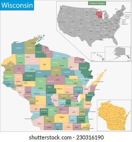 Map Of Wisconsin State Designed In Illustration With The Counties And The County Seats