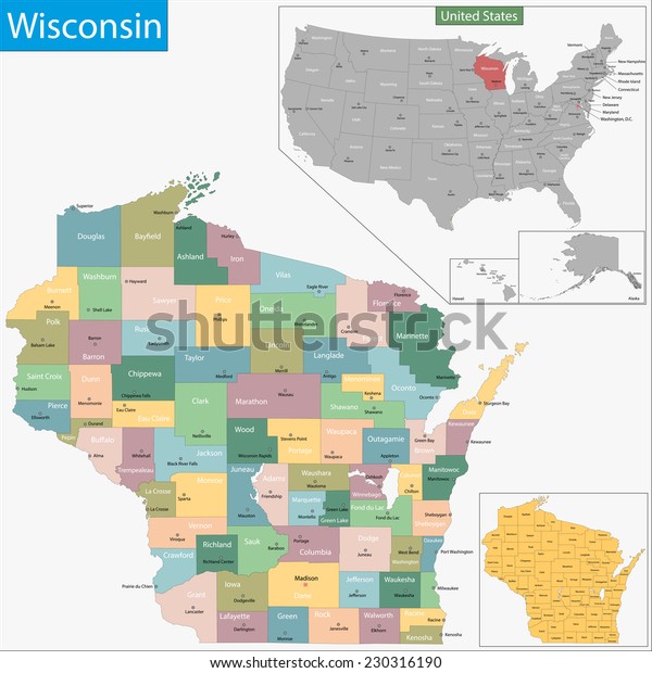 Map Wisconsin State Designed Illustration Counties Stock Vector