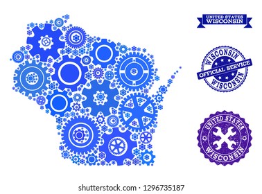 Map of Wisconsin State formed with blue gear symbols, and isolated grunge seals for official repair services. Vector abstract mosaic of map of Wisconsin State with industry symbols in blue color hues.