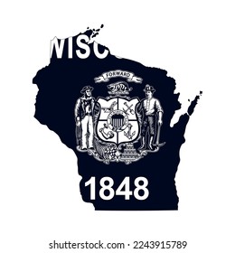 Mapa del estado de Wisconsin con la bandera oficial en color blanco y negro aislado en fondo blanco. Ilustración del vector