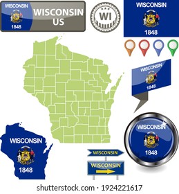 Map Of Wisconsin State, US With Flag And Counties. Vector Image