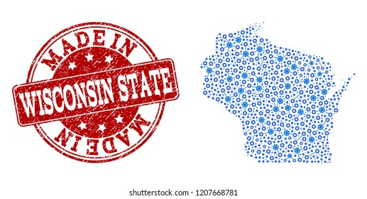 Map of Wisconsin State vector mosaic and Made In grunge stamp. Map of Wisconsin State designed with blue wheel connections. Made in red seal with grunge rubber texture.